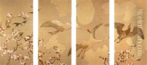 Swallows, Storks And A Heron Flying Over Blossom Branches Oil Painting - Theodoor van Hoytema