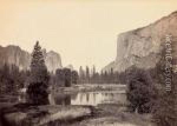 View Down The Valley From Ferry Bend, Yosemite Oil Painting - Carleton E. Watkins