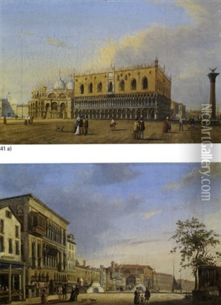 Venezia, Riva Degli Schiavoni (+ Venezia, La Piazzetta Con Palazzo Ducale; 2 Works) Oil Painting - Carlo Grubacs