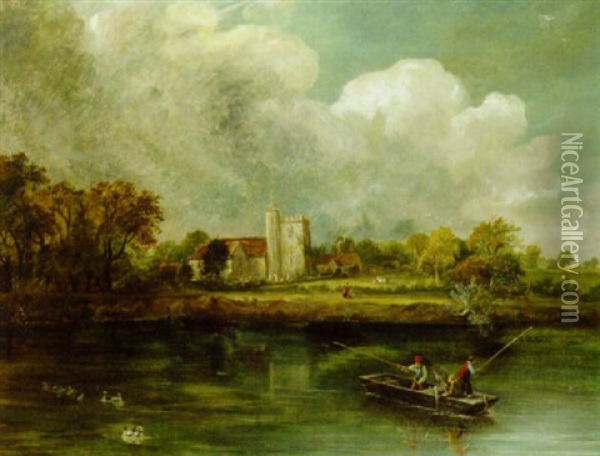 Anglers On A River With A Church Beyond Oil Painting - John Constable