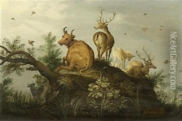 Hirsche Und Rind Auf Einem Hugel In Einer Waldlandschaft Oil Painting - Roelandt Savery