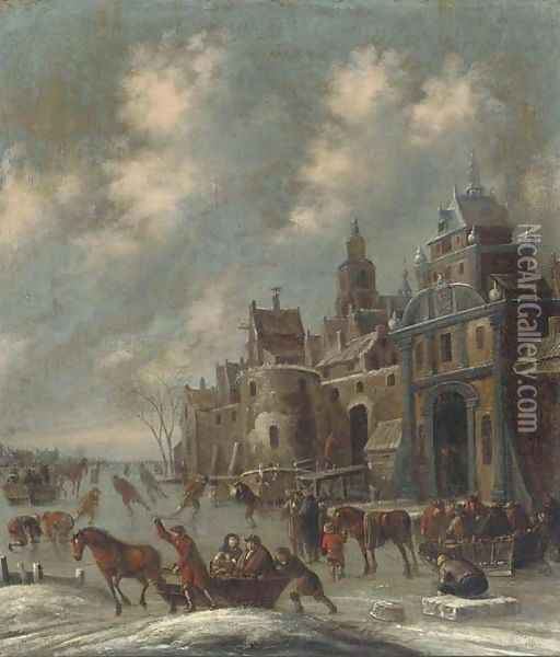 A winter landscape with skaters by a walled town Oil Painting - Thomas Heeremans