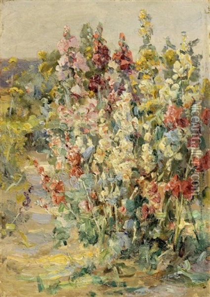 Roses Tremieres Oil Painting - Auguste Nobillet