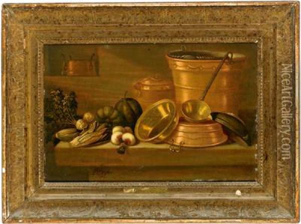 Natura Morta Con Stoviglie In Rame E Verdura Oil Painting - E.K. Lautter