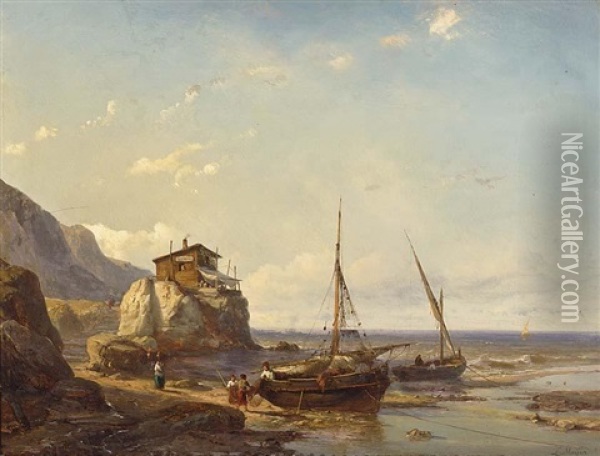 A Coastal Scene With Fishermen On The Beach Oil Painting - Johan Hendrik Meyer