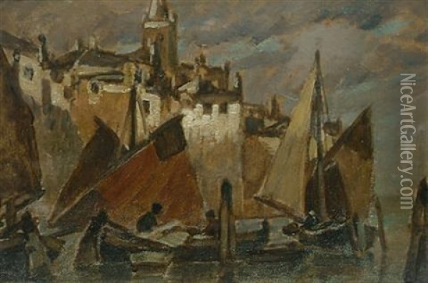 Down At The Harbour Oil Painting - Ludwig Dill