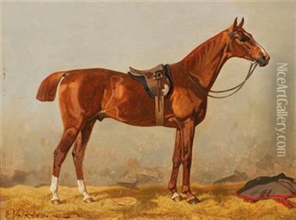Chestnut In The Stable Oil Painting - Emil Volkers