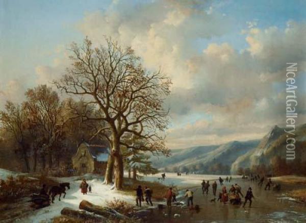 Winterlandschaft Mit Schlittschuhlaufern. Oil Painting - Louis Pierre Verwee