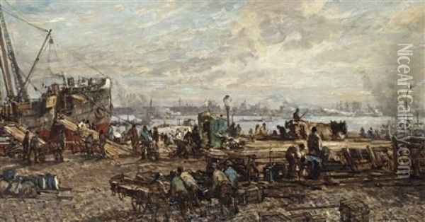 Bij Het Lossen Der Booten: Unloading The Boats In The Harbour Of Rotterdam Oil Painting - Johan Hendrik van Mastenbroek