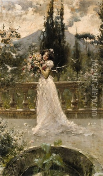 A Woman In A Garden Oil Painting - Salvatore Postiglione