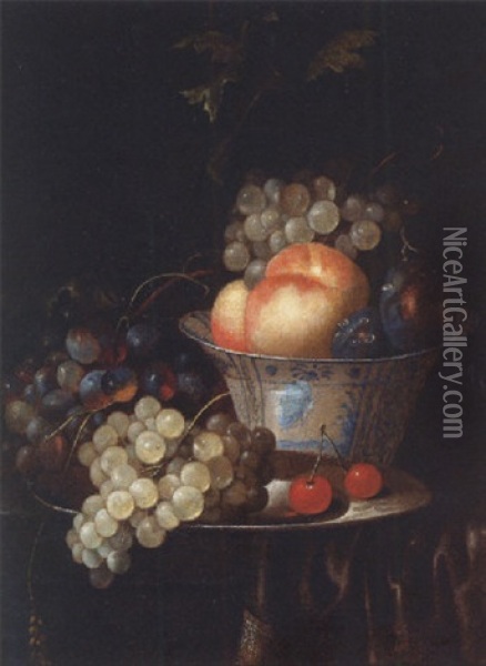 Peaches, Plums And Grapes In A Wan Li Kraak Porselein Bowl, With Grapes And Cherries On A Pewter Plate, On A Draped Ledge Oil Painting - Jan Pauwel Gillemans The Elder