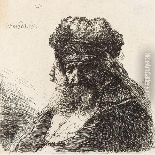 Old Bearded Man In A High Fur Cap Oil Painting - Rembrandt Van Rijn