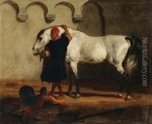Cheval A L'ecurie Oil Painting - Louis-Theodore Devilly