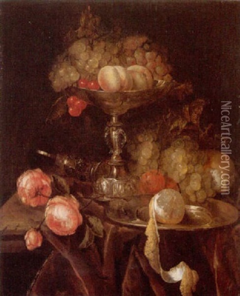 Still Life Of Fruit In A Silver Tazza Together With Grapes, Bread, Roses, A Wine Glass And A Peeled Lemon On A Pewter Dish, On A Ledge Draped With Brown Cloth Oil Painting - Abraham van Beyeren