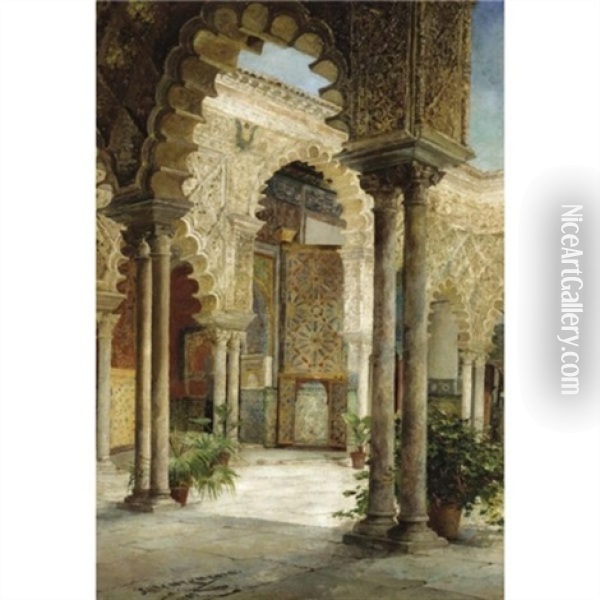 A Sunlit Courtyard, Seville Oil Painting - Jose Montenegro Cappell