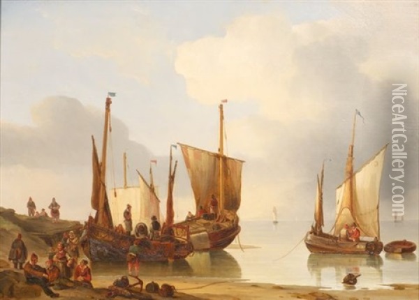 Les Bateaux Sur La Greve Oil Painting - George Willem Opdenhoff