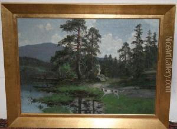 Hunting Dog Beside A River With Hillsbeyond Oil Painting - Olaf Nordlien