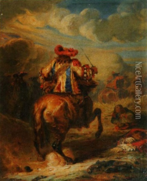 Scene De Bataille, Cavalier De Dos Oil Painting - Louis-Gabriel-Eugene Isabey