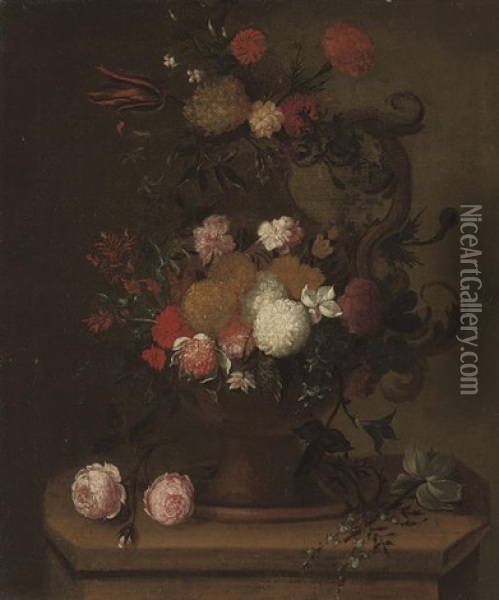 Chrysanthemums, Carnations, Roses, A Tulip And Other Flowers In An Urn, On A Plinth Oil Painting - Pieter Casteels III