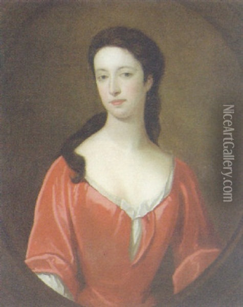 Portrait Of A Lady Wearing A Red Dress, In A Painted Cartouche Oil Painting - John Smibert