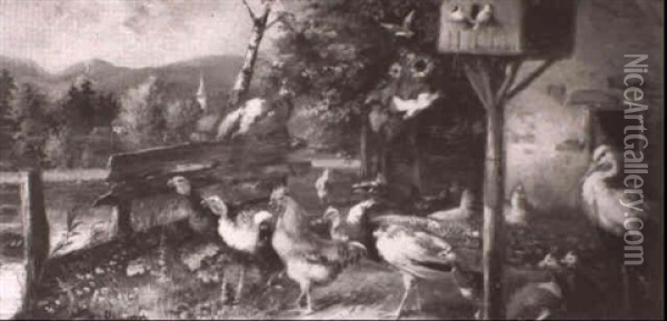 Turkeys, Chickens, Peacocks, Doves, Pigeons And A Heron Oil Painting - Julius Scheuerer