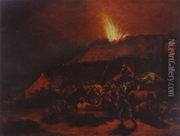 A Night Scene With Soldiers Looting A Village Oil Painting - Egbert Lievensz van der Poel