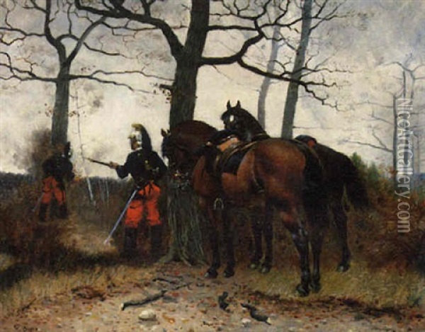 Cavalry Soldiers On Guard Oil Painting - Georges Jules Ernest Binet