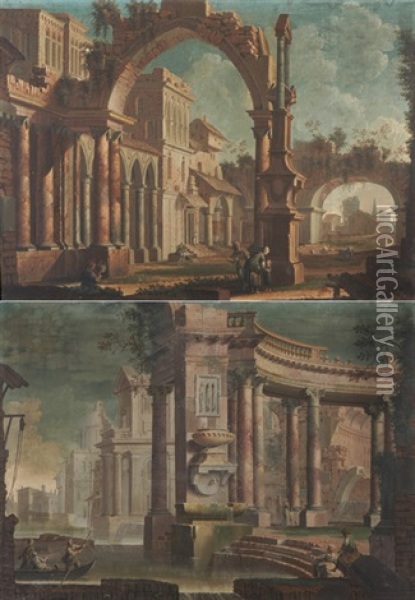 Architekturcapriccio (+ Another, Similar; Pair) Oil Painting - Pietro Paltronieri