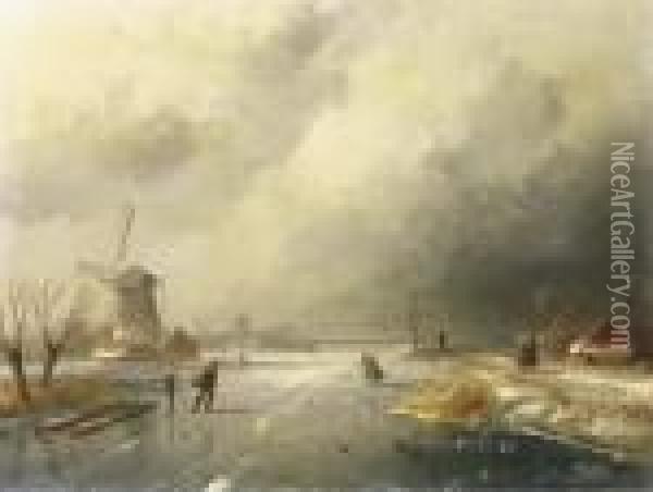 Skaters On A Frozen River Oil Painting - Charles Henri Leickert