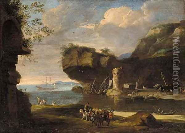 A Mediterranean costal inlet with figures on the shore Oil Painting - Salvator Rosa