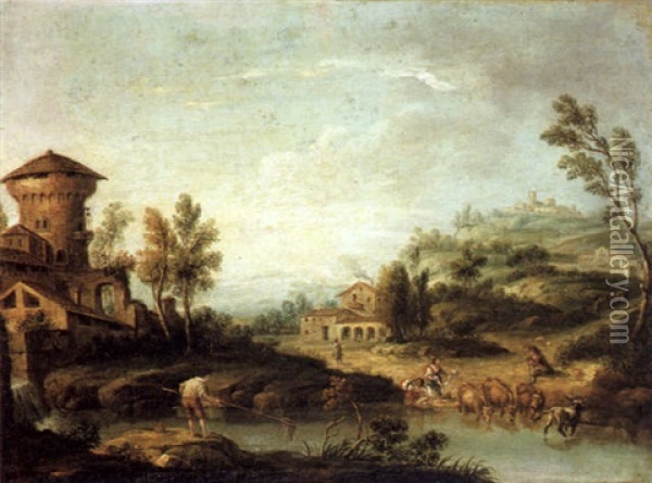 Hugelige Fluslandschaft Mit Hirten Und Einem Dorf Oil Painting - Giovanni Battista Cimaroli