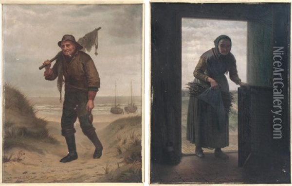 Pair Of Portraits Of A Fisherman And A Woman Gathering Kindling Oil Painting - Johannes Helder
