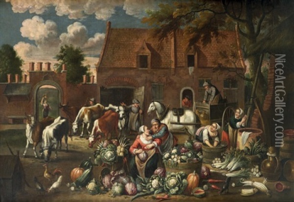 Les Eplucheuses De Legumes Dans Une Cour De Ferme Oil Painting - Matheus van Helmont