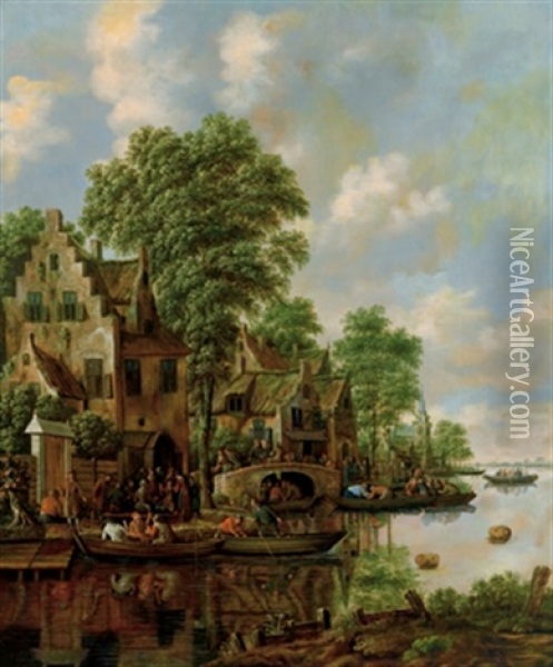 Hauser An Einem Fluss Mit Vielen Figuren Und Booten Oil Painting - Thomas Heeremans