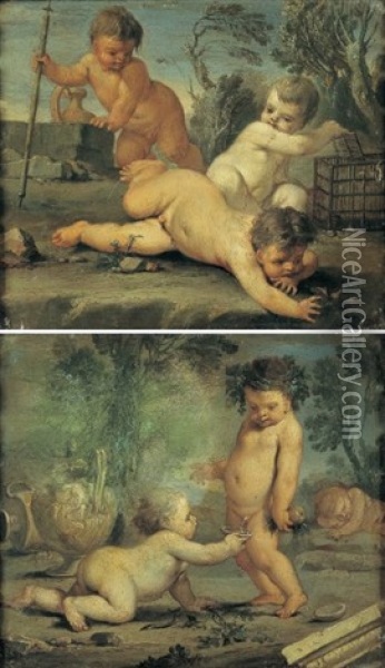 Jeux De Putti (+ Another, Similar; Pair) Oil Painting - Aureliano Milani