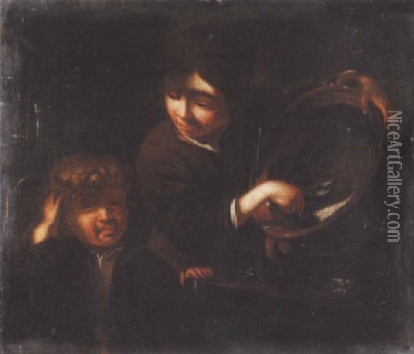 A Boy Eating Porridge Out Of A Large Bowl With His Brother Looking On Oil Painting - Bernhard Keil