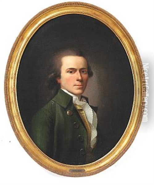 Portrait Of Edmund Bourke (1761-1821) Count And Diplomat In A Dark Green Coat, Yellow And Green Striped Waistcoat, White Stock And White Pleeted Shirt Frill Oil Painting - Jens Juel