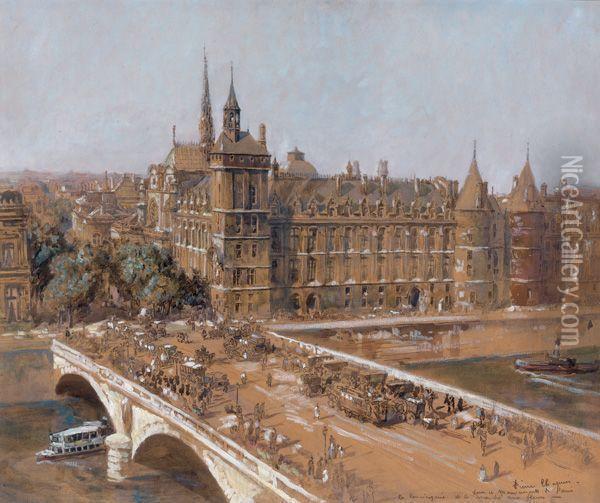 La Conciergerie Et Le Marche Aux Fleurs 
Sur Le Pont Au Change Oil Painting - Pierre Chapuis