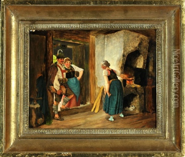 Zitherspieler Und Dirndl Zu Besuch Bei Bauerin In Der Stube Oil Painting - Maximilian Wachsmuth