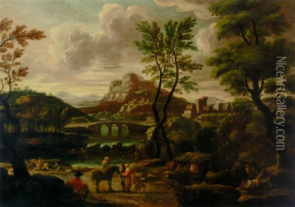 A Landscape With Travellers On A Track, A Bridge And Village Beyond Oil Painting - Giovanni Francesco Grimaldi