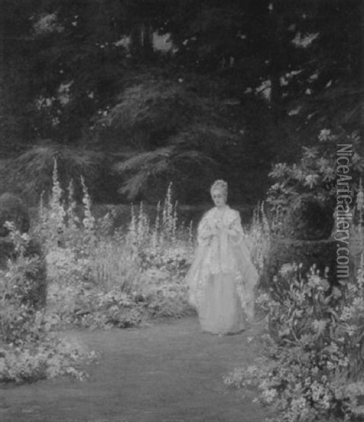 Contemplating Her Love - A Garden View Oil Painting - Edmund Henry Garrett