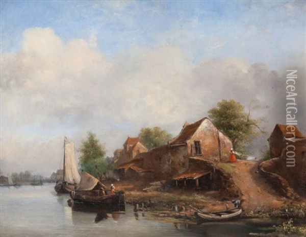 Rivierlandschap Met Zeilboten Bij Dorp Oil Painting - Alexander Hieronymus Bakhuyzen