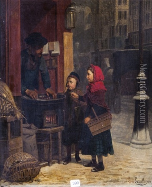 Paris, Le Marchand De Marrons Grilles Et Deux Enfants Oil Painting - Louis Simon Cabaillot Lassalle