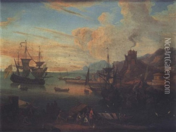 Scene De Port Mediterraneen Anime De Marchands Oil Painting - Jean Baptiste de la Rose