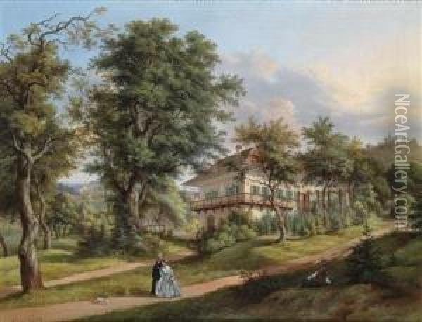 Park Landscape With Couple Walking In The Foreground Oil Painting - Vincenz Kreuzer