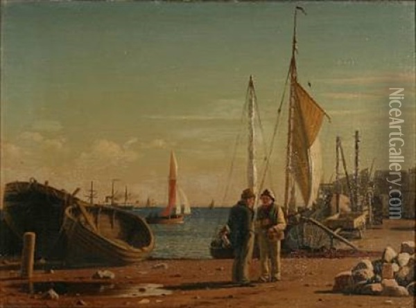 Fishermen In Conversation On Kalkbraenderihavnen, Denmark Oil Painting - Christian Frederic Eckardt