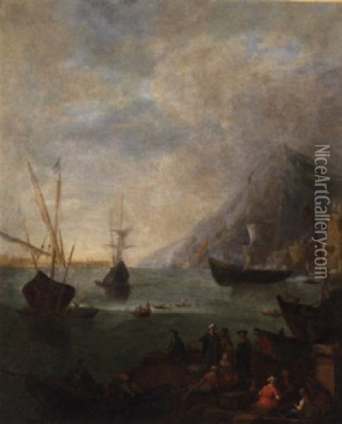 A Mediterranean Coastal Landscape With Fishermen And Other Figures In The Foreground Oil Painting - Adriaen Van Der Cabel