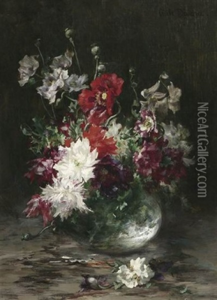 Groses Blumenstilleben Mit Rotem Mohn In Einer Vase Oil Painting - Cecile Douard