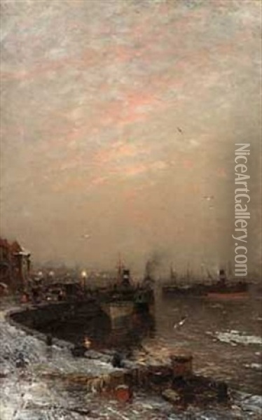 Vinterdag I Havnen Oil Painting - Ludwig Munthe