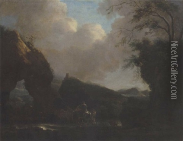 A Southern Landscape With Drovers And Animals Crossing A Stream Near A Rocky Arch Oil Painting - Jan Asselijn